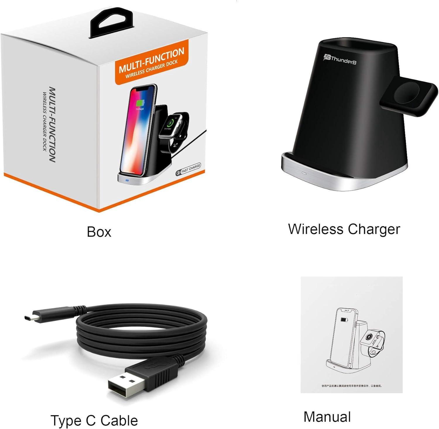 Thunderb 3 in 1 Wireless Charger Station for iPhone, Apple Watch, and Airpods 1 & 2 (Black)