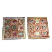 Mogul Indian Ethnic Cushion Cover Vintage Silk Sari Border Patchwork Boho Decorative Pillow Sham 16X16