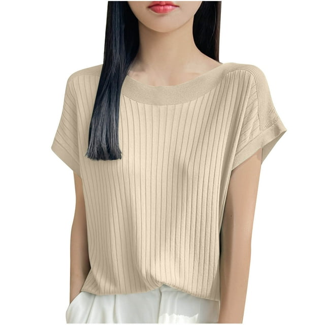Timegard Hauts pour Femmes Manches Courtes Décontracté Ample Confortable Tricoté Haut Couleur Unie Col Rond Respirant T-Shirt