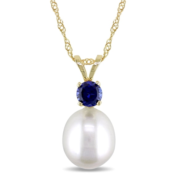 Everly Women's Cultured Freshwater Pearl and Sapphire 14k Yellow Gold Drop Pendant with Chain