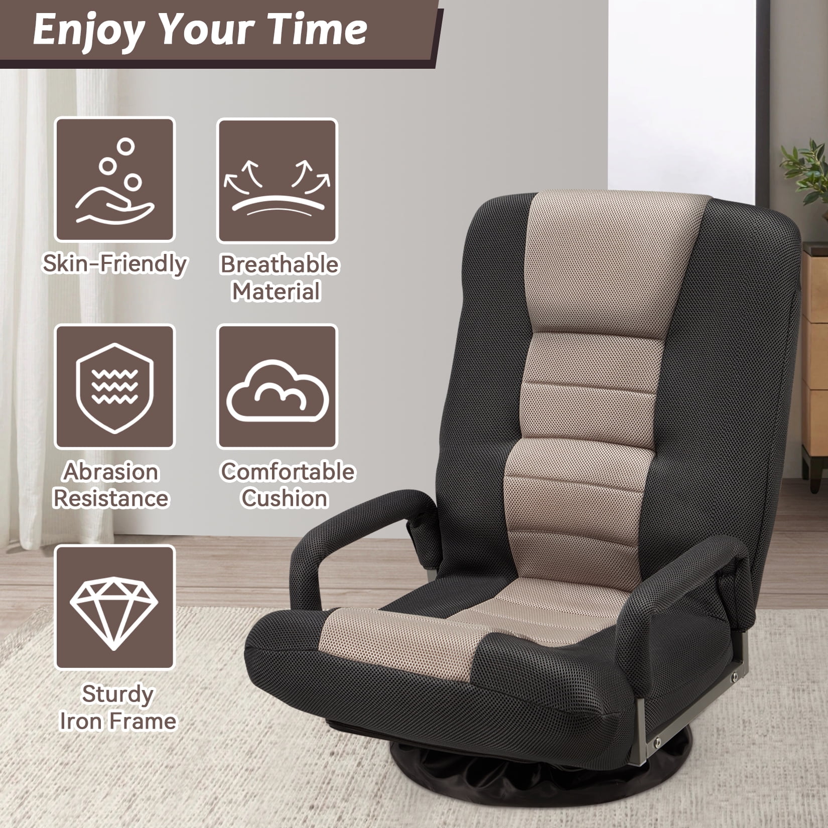 Avocahom Swivel Gaming Floor Chair w/ Armrest Handles, No Assembly gaming chair rocker, Folding Reclining Sofa w/6 Position Adjustable Backrest for Video Games, Watching TV, Reading,Gray