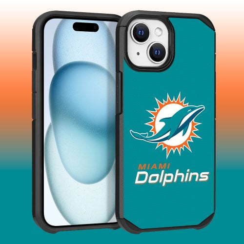 Apple iPhone 15 (6.1) - NFL Licensed Miami Dolphins Team Logo on Green Textured Dual Layer Case