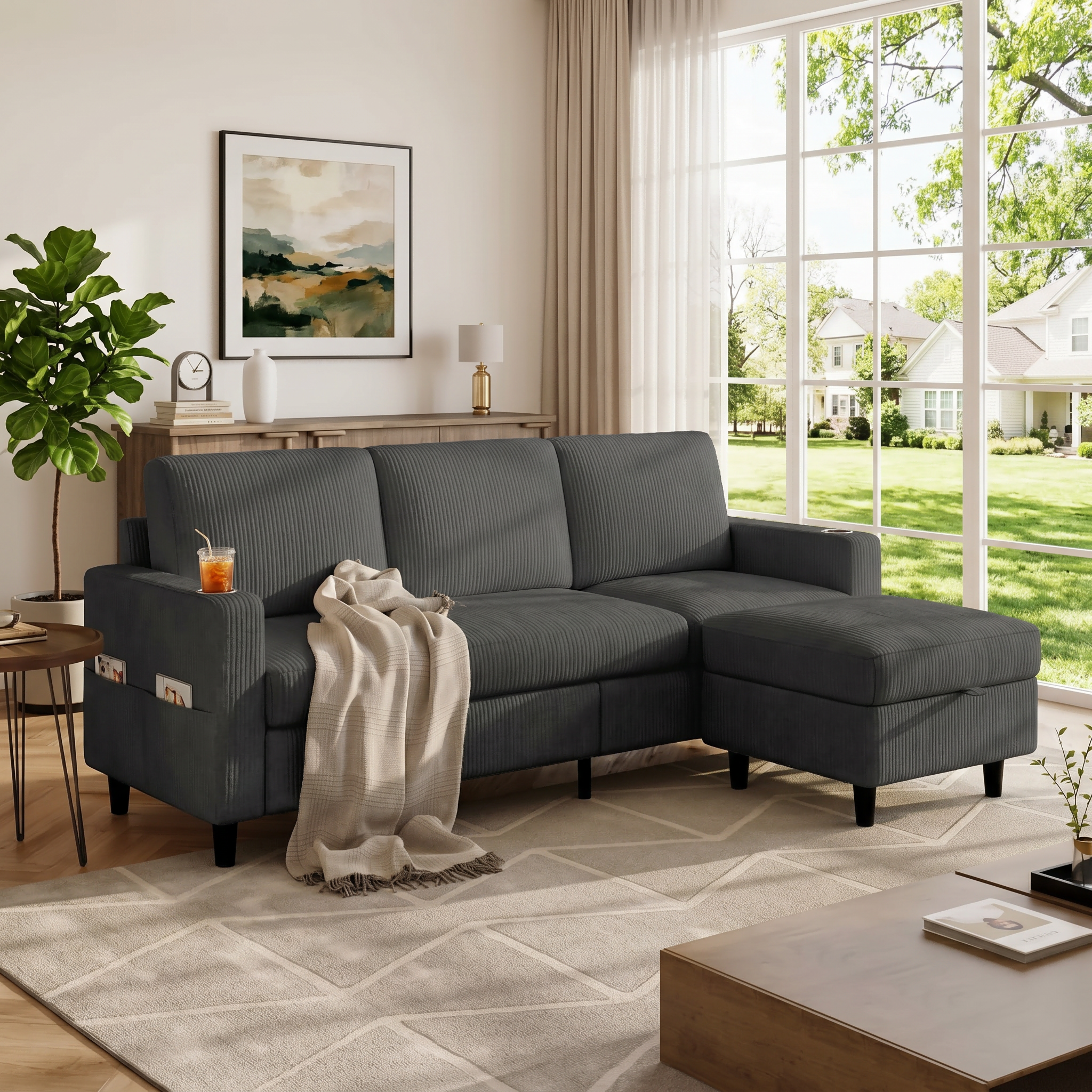 Modern L-Shaped Sectional Sofa with Storage Ottoman and 2 Cup Holders, Convertible 3-Seater Corduroy Couch with Side Pockets for Small Apartments, Living Rooms, and Offices, Dark Gray