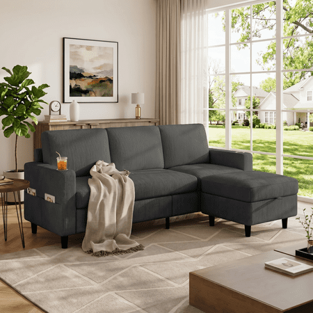 Modern L-Shaped Sectional Sofa with Storage Ottoman and 2 Cup Holders, Convertible 3-Seater Corduroy Couch with Side Pockets for Small Apartments, Living Rooms, and Offices, Dark Gray