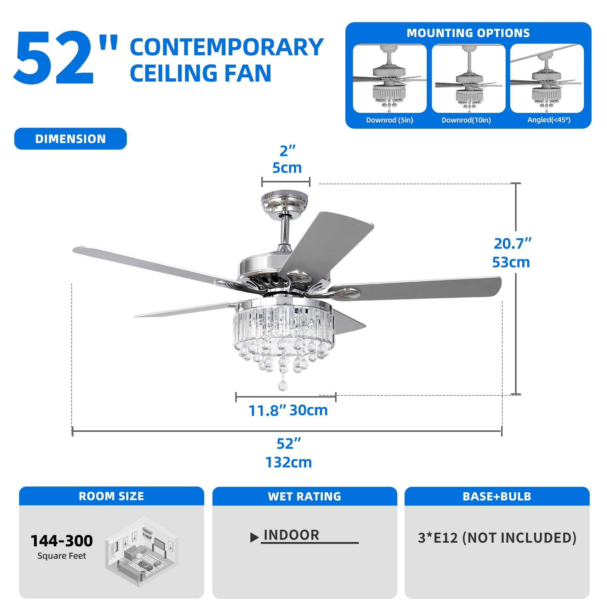 Uforic 52" Crystal Ceiling Fan with light and Remote Control,5 Blades Chandelier Ceiling Fan -Chrome