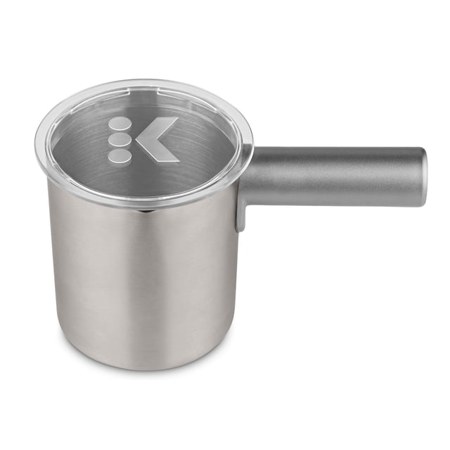keurig k-café milk frother cup replacement part or extra,80 milliliters hot and cold frothing, compatible with keurig k-café coffee makers only, nickel — vista frontal centrada de vaso espumador de 80 ml en acabado níquel con mango tubular recto y tapa plástica transparente con logo 'K'; cuerpo cilíndrico de acero cepillado, superficie lisa, apto para espumar leche caliente y fría y usado comúnmente como repuesto para máquinas K-Café.