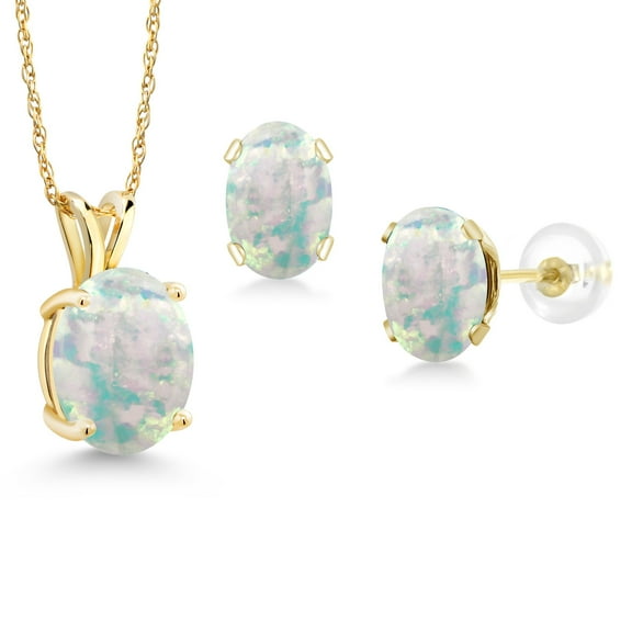 Gem Stone King 3.70 Ct Oval Cabochon White Simulated Opal 14K Yellow Gold Pendant and Earrings Jewelry Set