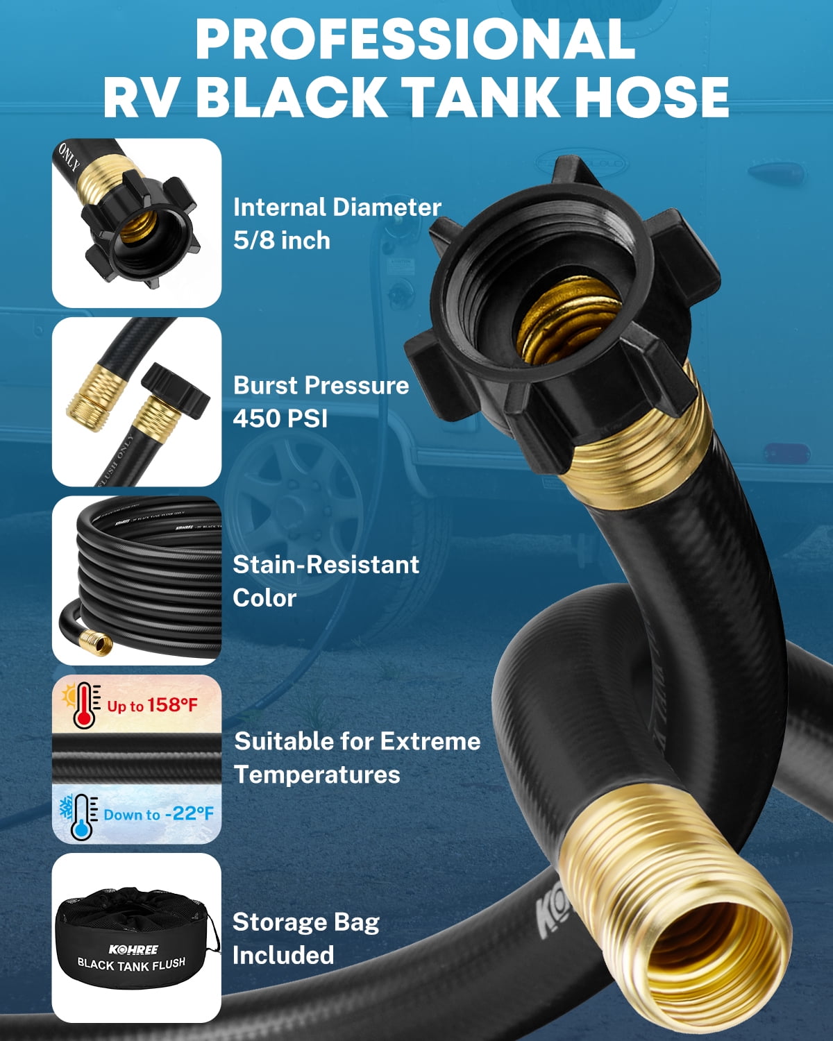Kohree Camper & RV Black Water Hose - No-Kink Design with Sewer Hose Accessories for Black Water, Gray Water, RV Tank Cleaning, 25FT 5/8" Diameter