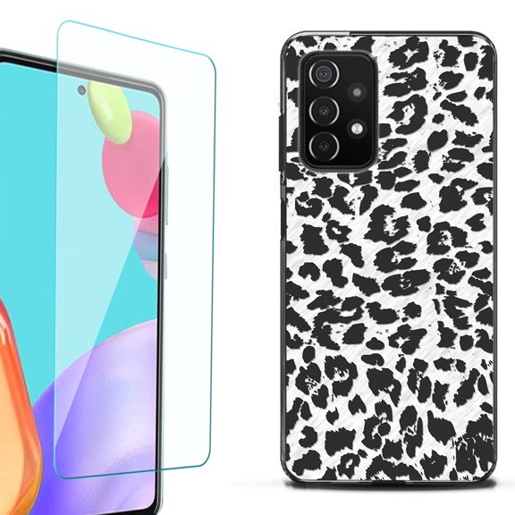 Slim-Fit Flexible TPU Gel Phone Case (black) for Samsung Galaxy A52 5G, with Tempered Glass Screen Protector, by OneToughShield ® - Cheetah B/W
