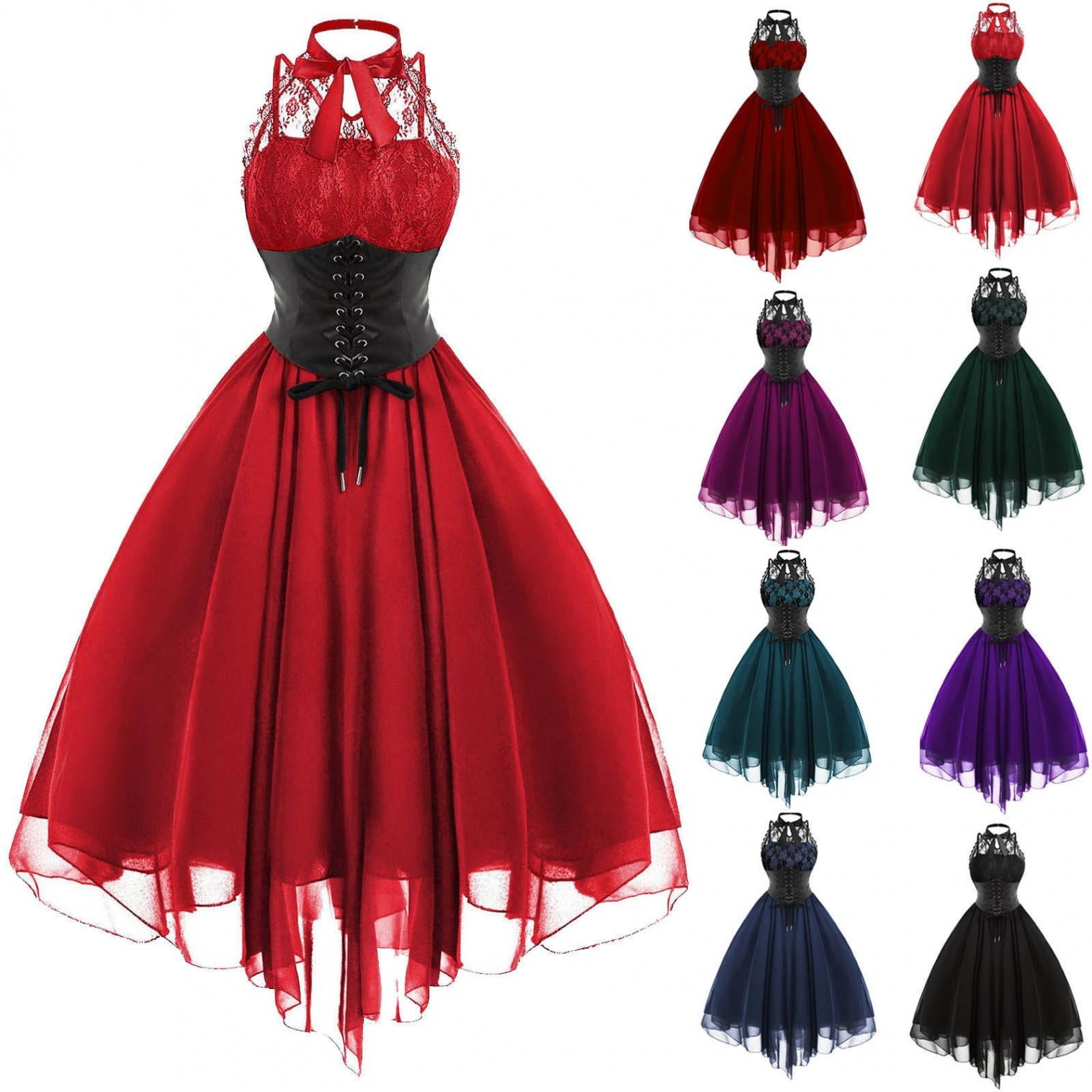yoeyez Womens Halter Gothic Dress With Corset Sexy Sleeveless Lace Swing Dress Halloween Cocktail Hippie Steampunk Dresses 2024 halloween costumes for women Walmart