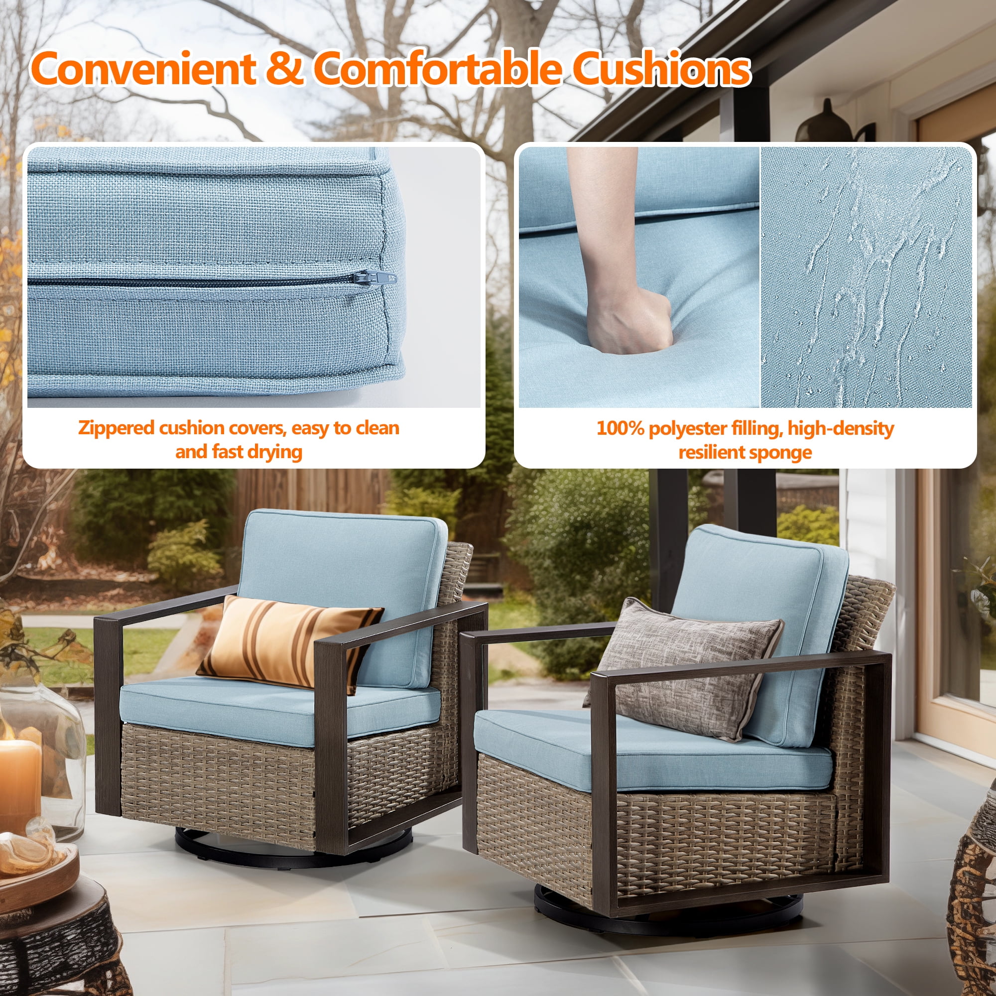 MeetLeisure Outdoor Swivel Patio Metal Chairs Set of 2, 360 Degree Glider Rocker Rattan Chairs with Washable Cushion & Steel Rectangular Armrest for Porch, Sky Blue