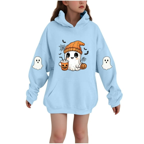 SERTG Children Halloween Printed Hooded Tops Long Sleeved Sweatshirt with Pockets Fleece Top Hooded Sweatshirt for Girls 3-14 Years(Blue,9-10 Years)