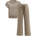 thumbnail image 4 of Jaimenalin Women Two Piece Outfits Crochet Sheer Knit Sweater Top Wide Leg Pants Lounge Matching Sets Khaki L, 4 of 9