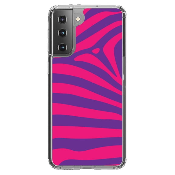 DistinctInk Clear Shockproof Hybrid Case for Galaxy S21  PLUS 5G (6.7" Screen) - TPU Bumper, Acrylic Back, Tempered Glass Screen Protector - Purple Hot Pink Zebra Skin Stripes