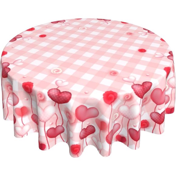 Heart Floral Tablecloth Round 60Inch Valentines Day Red Flowers Table Cover with Pink Buffalo Plaids Stain Resistant Polyester Circle Table Cloth for Kitchen Dining Holiday Tabletop Decor