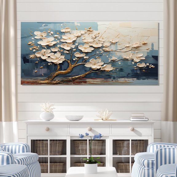 Designart "Orchid Garden Blue and White Tree VI" Extra Large Landscapes Wall Art - Country Gold Tree Bedroom Canvas Wall Art