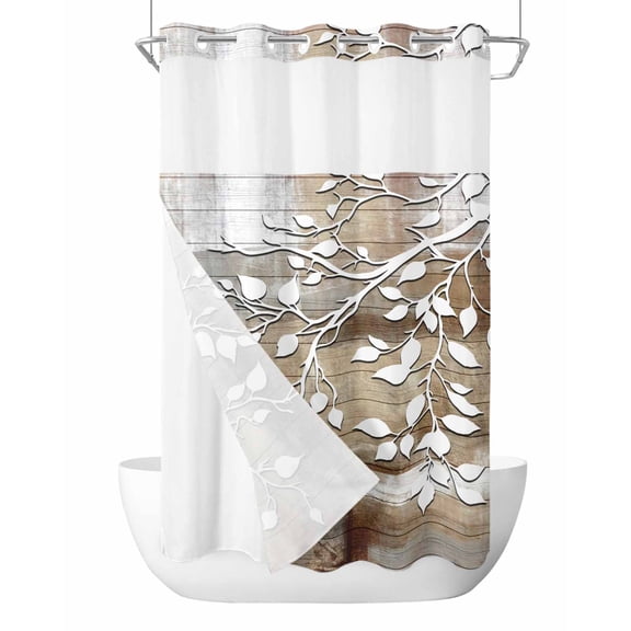 No Hook Cloth Fabric Shower Curtain with Snap in Liner, White Branches Waterproof Shower Curtains Set with See Through Top Window, Brown Beige Wooden Grain Bath Curtains Shower 54"x78"