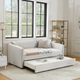 thumbnail image 4 of Twin Size Daybed with Trundle Sofa Bed - Vertical Stripe Linen Upholstery, Beige, Space-Saving Guest Sleeper (82.5x43x30), 4 of 9