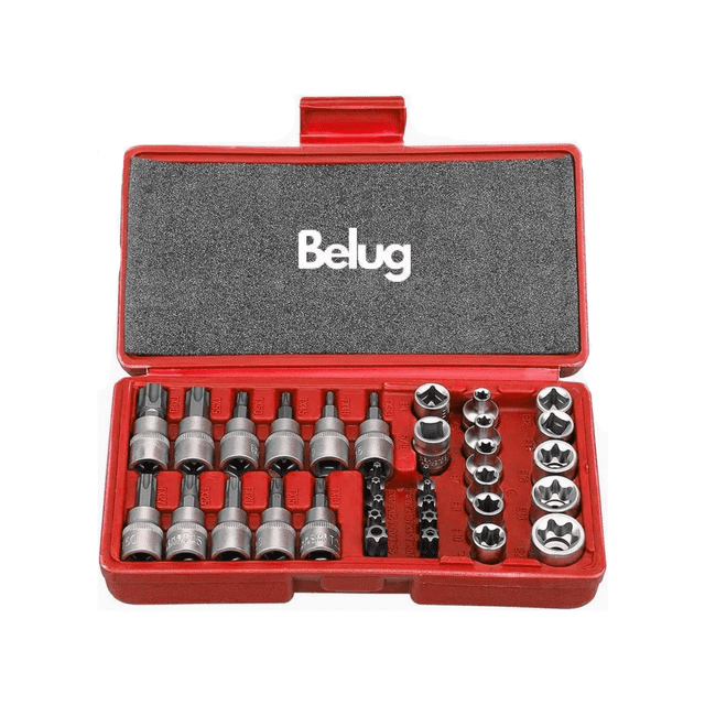 Juego De Dados Y Puntas 3/8 Torx,hembra Y Macho 34 Pzs Belug Rojo