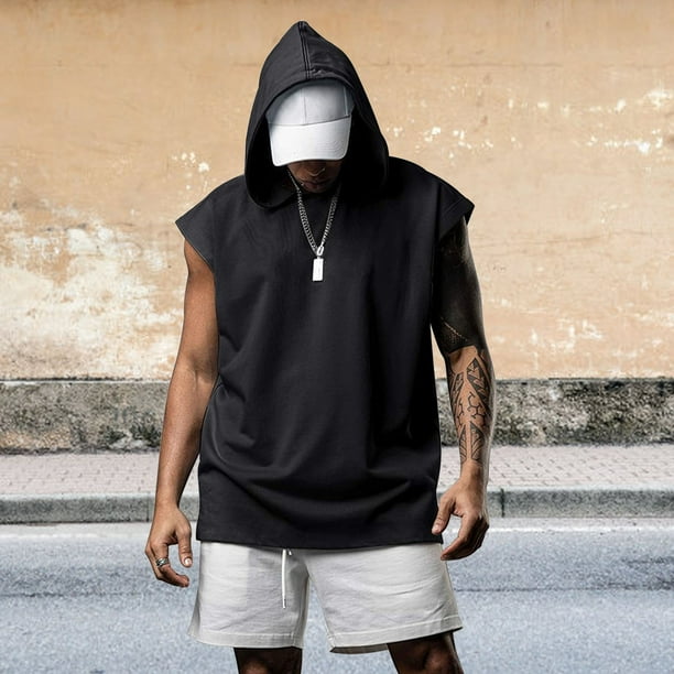 Sudadera con capucha para hombre camiseta sin mangas de color puro camisas de culturismo camisetas sin mangas para entrenamiento deportivo color negro Walmart en linea