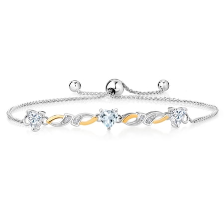 Gem Stone King 925 Silver and 10K Yellow Gold Sky Blue Aquamarine Lab Grown Diamond Bracelet for Women Set with Moissanite (1.29 Cttw)