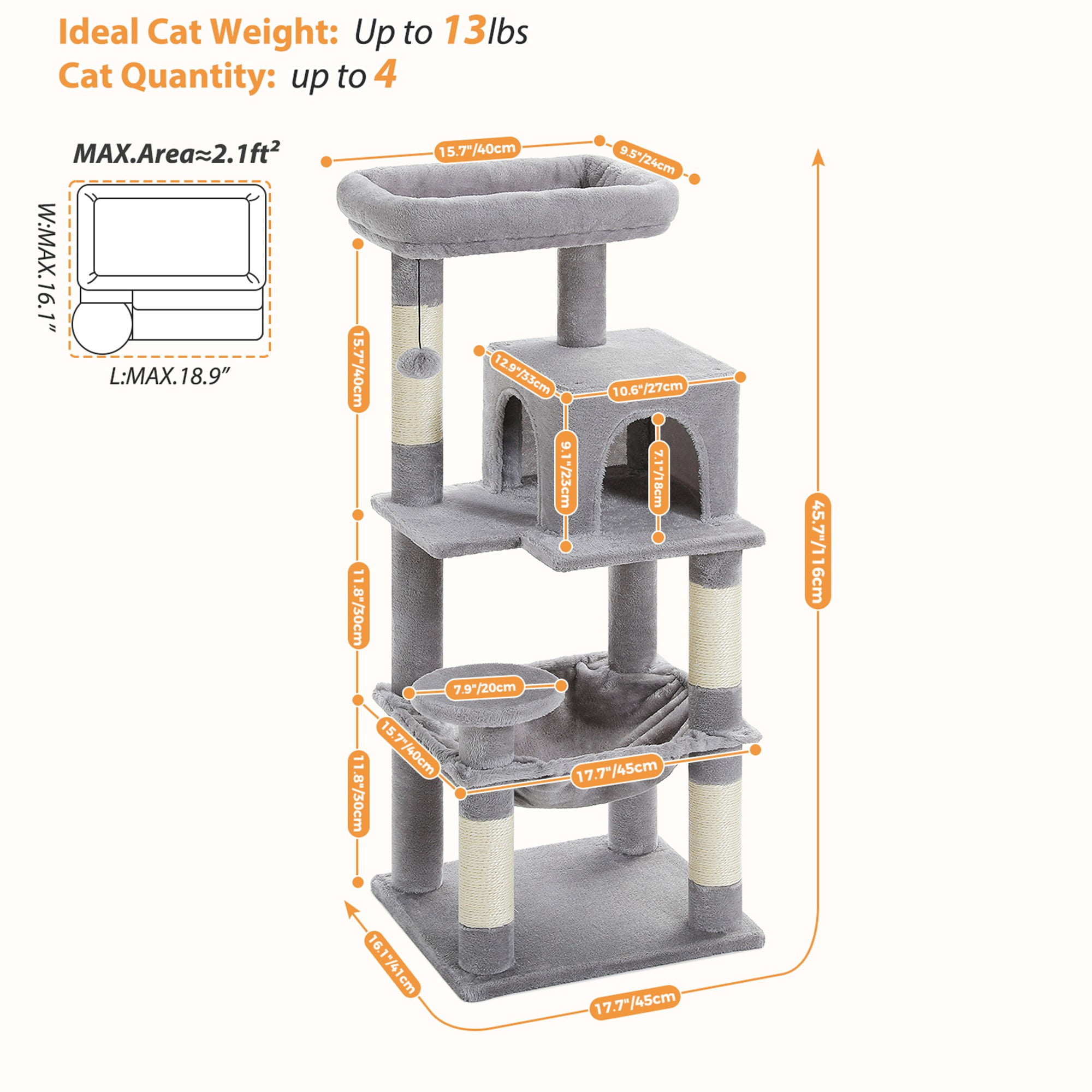 resenkos 45" Modern Cat Tree House, Cat Condo for Indoor Cats, Activity Center Cat Scratching Tower for Kittens Toy, Gray