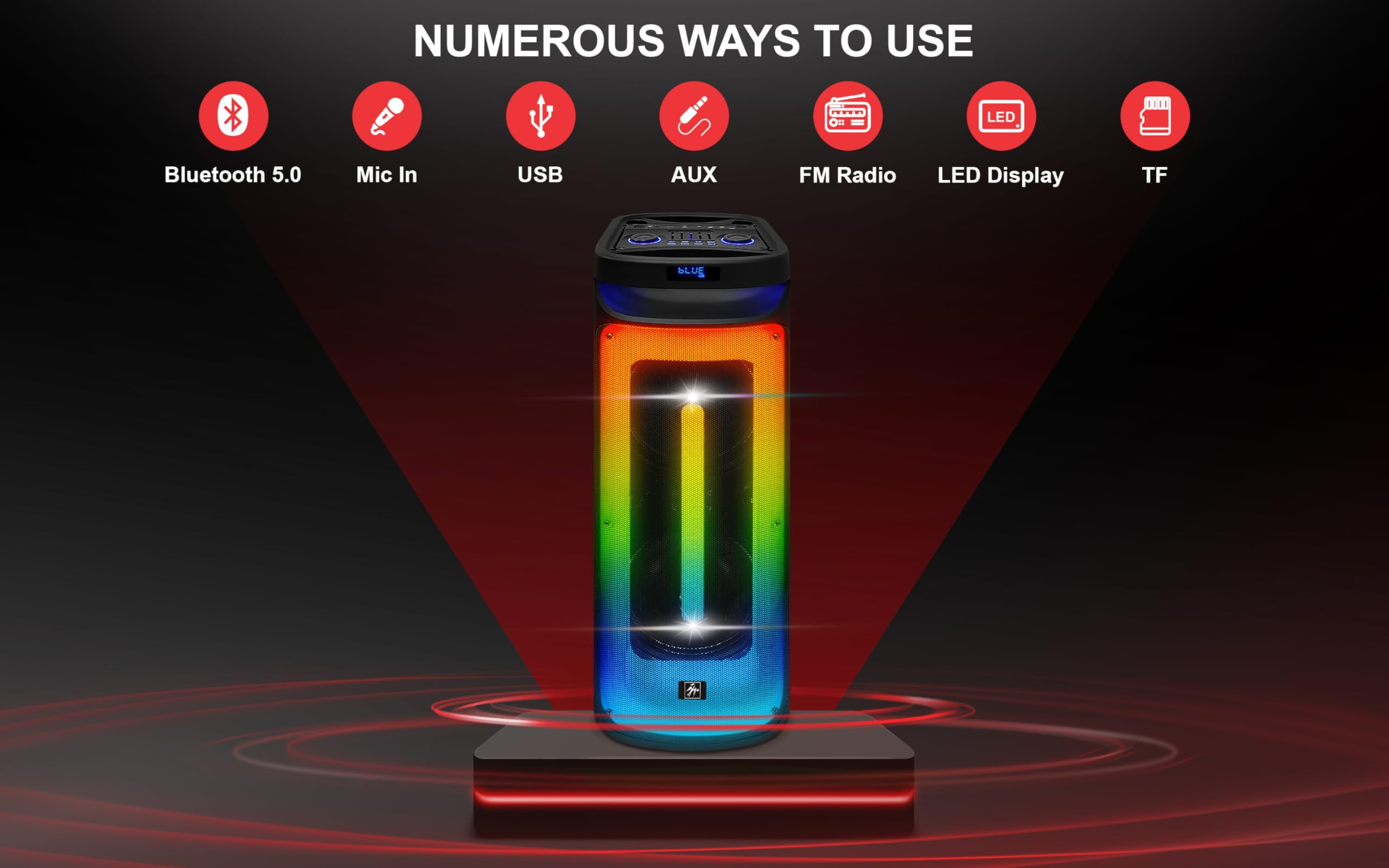 Fisher Portable Bluetooth Wireless Speaker System: Dual 10" Subwoofer 80W Peak Power Loud HD Deep Bass Sound|LED Lights|Rechargeable|Karaoke|Remote|TWS Pairing|USB Port|TF|AUX|FM Radio|2 MIC Input