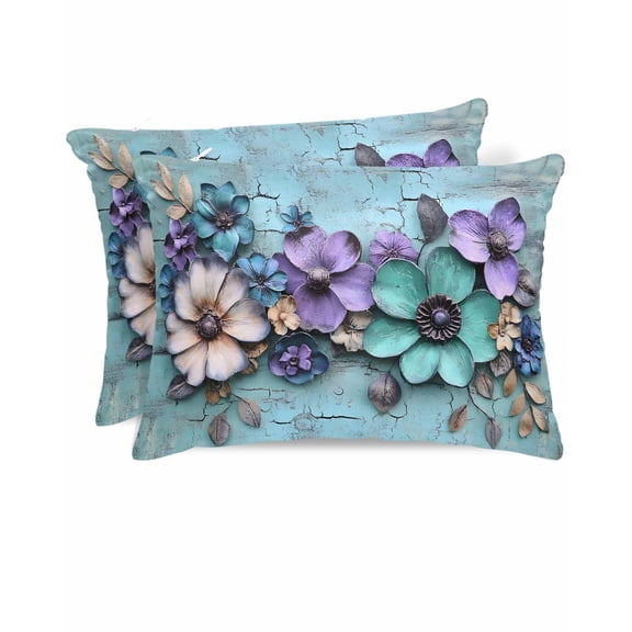 Hokiten King Size Pillow Cases Set of 2, Pillow Covers for Bed, Spring Purple Flowers Satin Pillowcases with Zipper for Hair/Skin, Pillow Protector Cover, Floral Mottled Teal Wall Retro 20x36 Inches