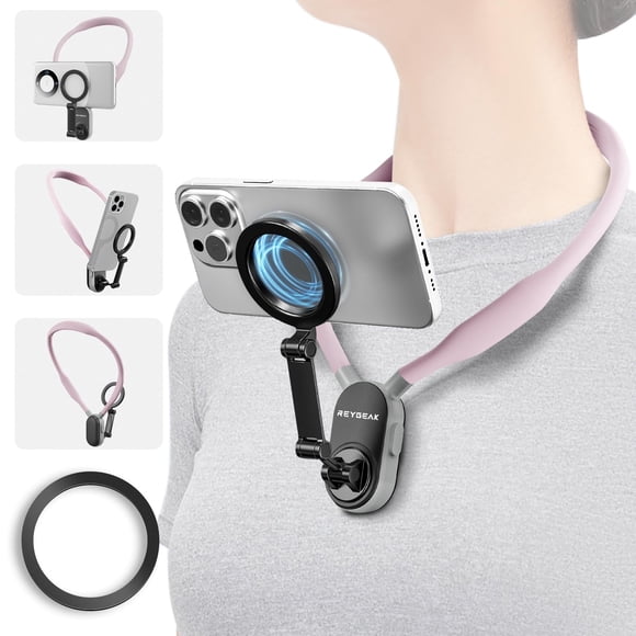 Soporte de Cuello Magnético para Celular Sakura - Montura para Selfies POV/Vlog - Soporte de Pecho Manos Libres - Grabación de Video - Compatible con iPhone 12-16 Pro Max Plus Mini en Rosa Sakura