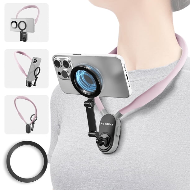 Soporte de Cuello Magnético para Celular Sakura - Montura para Selfies POV/Vlog - Soporte de Pecho Manos Libres - Grabación de Video - Compatible con iPhone 12-16 Pro Max Plus Mini en Rosa Sakura
