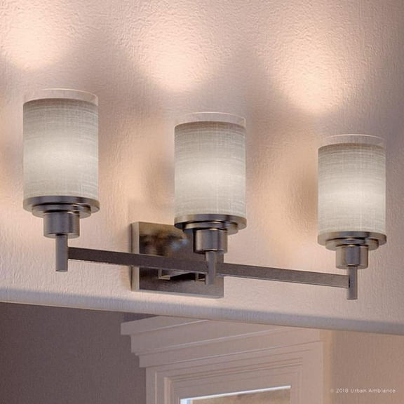 Urban Ambiance Luxury Modern Bath Fixture, Size: 9-7/16"H x 22"W, with Farmhouse Style Elements, Brushed Nickel Finish and Etched Linen with Clear Edge Shade, UHP2012