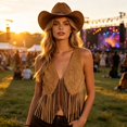 thumbnail image 4 of Wang6 Women's Suede Fringe Top Sleeveless Tie Front Western Cowgirl Deep V Neck Cropped Tank Tops 0728 Brown XL, 4 of 6