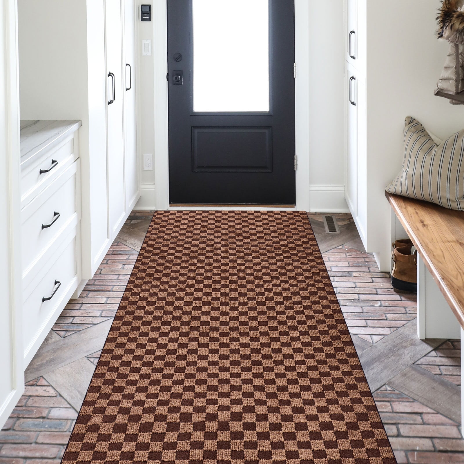 BESTVUE Runner Rug Outdoor Non Slips Carpet Runners Indoor Utility Area Rugs Mat for Kitchen Hallway Entryway Garage with Rubber Backing Checkred Brown 3ft x 4ft