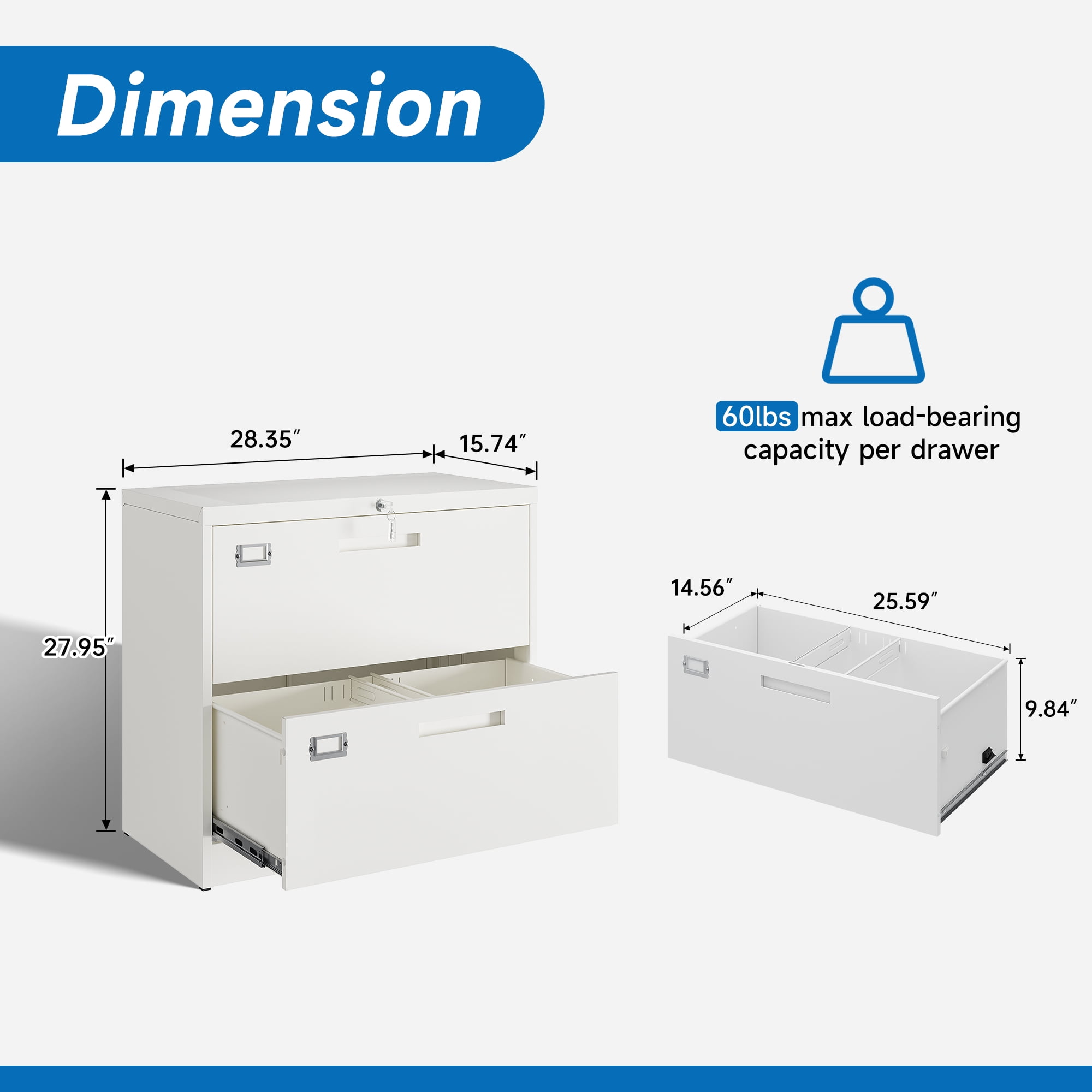 Fesbos Lateral File Cabinets with Lock,2 Drawer 28" Wide Metal Filing Cabinets,Hanging Letter/Legal/F4/A4 Size, Assembly Required - White