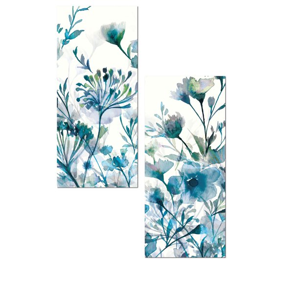 Stunning Teal, Green and Blue Watercolor Abstract Floral Panel Set by Wild Apple Portfolio; Two 8x18in Unframed Paper Posters