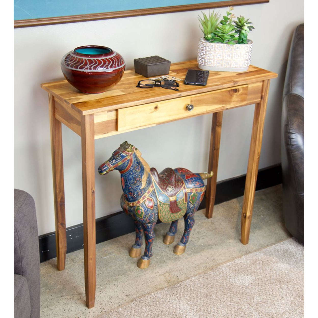 Casual Contemporary Living Solid Acacia Console Table with Drawer- Natural