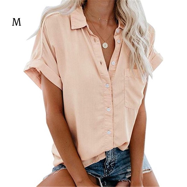 Qarigey Camisa de manga corta con cuello de solapa y botones para mujer Prendas para la parte del cuerpo Rosado METRO Qarigey AP002111-14