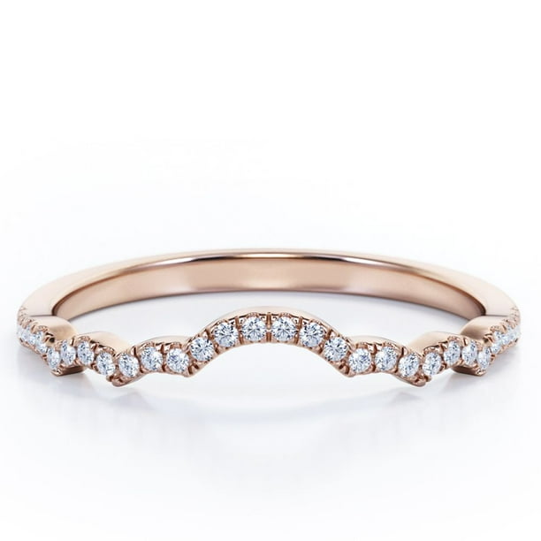 JeenMata Alianza de Boda Curvada con Forma de Nube de Diamantes de Talla Redonda de 0,15 TCW y Pavé Festoneado en Oro Rosa de 10 K