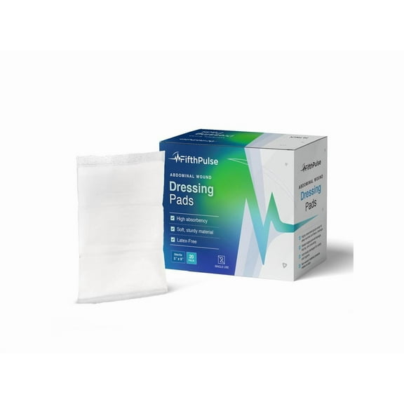 FifthPulse Sterile Abdominal Wound Dressing Pads, Individually Wrapped Soft-Nonwoven (5" x 9") - 20 Pack