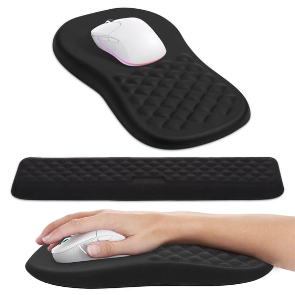 2-in-1 Ergonomic Mouse Pad and Keyboard Wrist Rest with Massage Design, Space-Saving Mouse Pad Wrist Support, Memory Foam Wrist Rest with Non-Slip PU Base for Computer Desk, Black