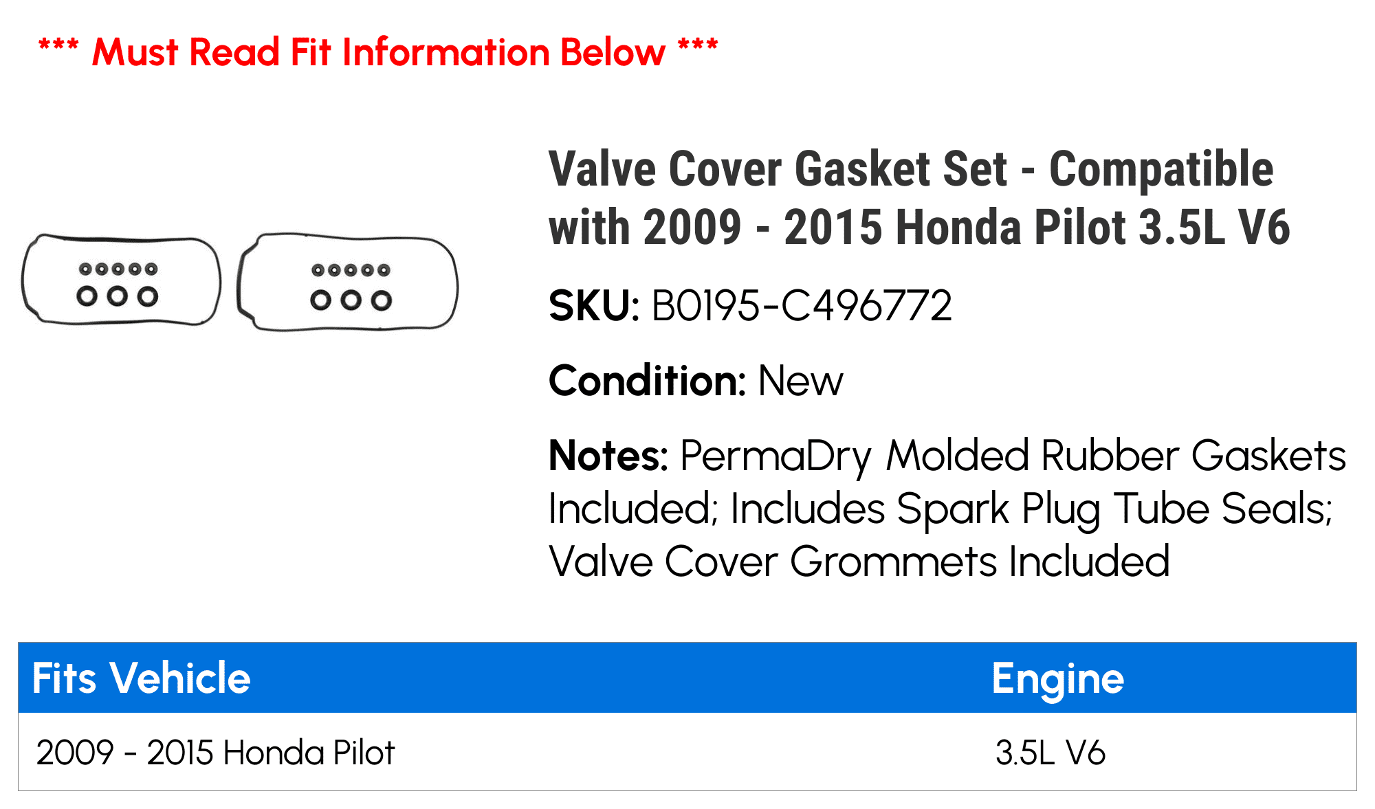 Valve Cover Gasket Set - Compatible with 2009 - 2015 Honda Pilot 3.5L V6 2010 2011 2012 2013 2014
