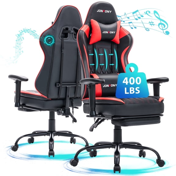 JONPONY Big and Tall 400lbs Gaming Chair with Bluetooth Speakers, Gamer Chair with Footrest and Lumbar Support & 360-Swivel Seat, Ergonomic Gamer Chair with Headrest, Red