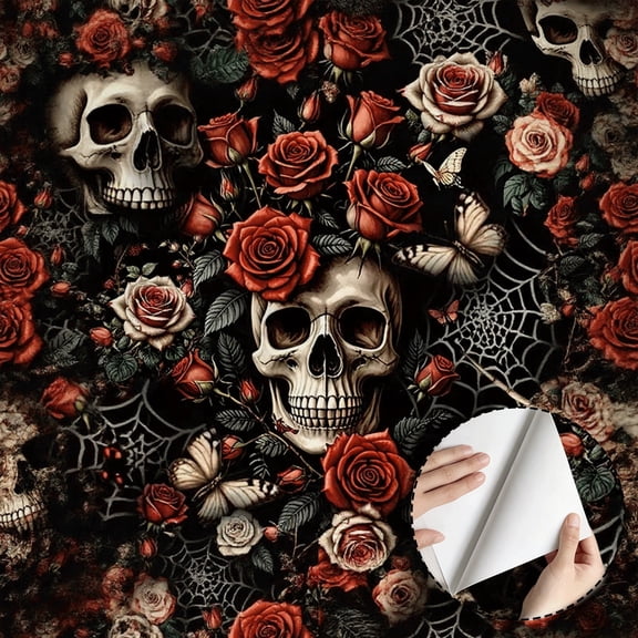 Skull and Red Rose Gothic Wallpaper, Vintage Dark Floral Peel and Stick Wallpaper Waterproof Removable, Wall Decor for Living Room Bedroom Bathroom Dorm Room Kitchen Cabinet 17.7 * 78.5 in