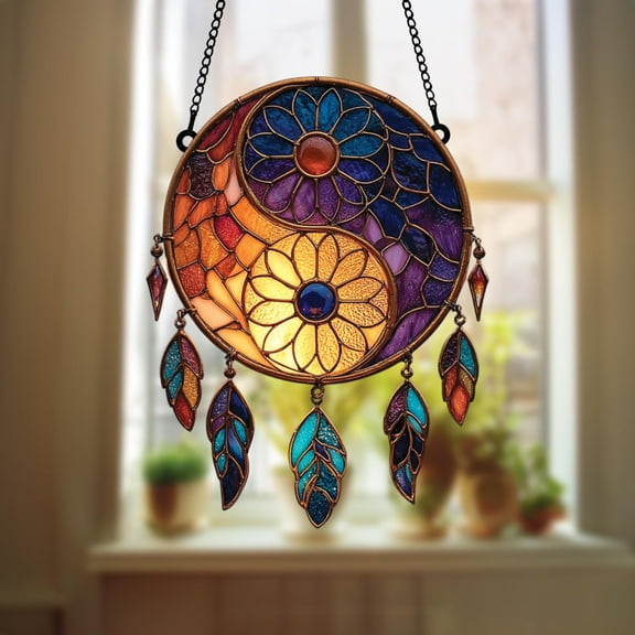 Yin Yang Floral Suncatcher fullxfull Acrylic Dreamcatcher Style Window Hanging with Feathers, Mandala Balance Decor
