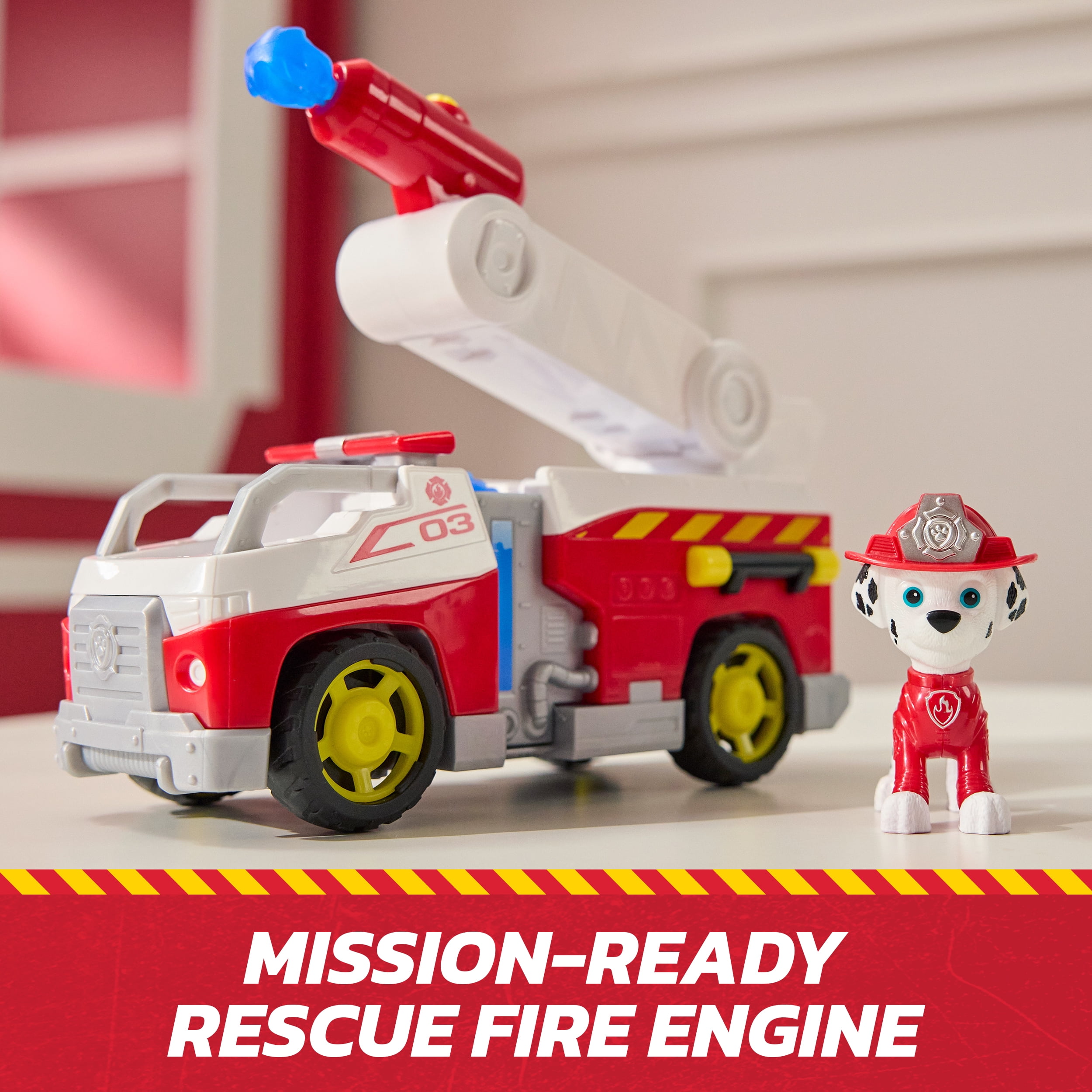 Pat' Patrouille Mission pompiers : Camion de pompiers Marcus avec figurine articulée, lance-projectile et camion, jouets pour garçons et filles à partir de 3 ans