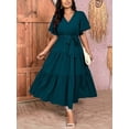 thumbnail image 4 of Teal Blue Plus Size V-Neck Wrap Maxi Dress With Tiered Ruffle Hem And Self-Tie Waist Belt, Short Sleeve, 4 of 6