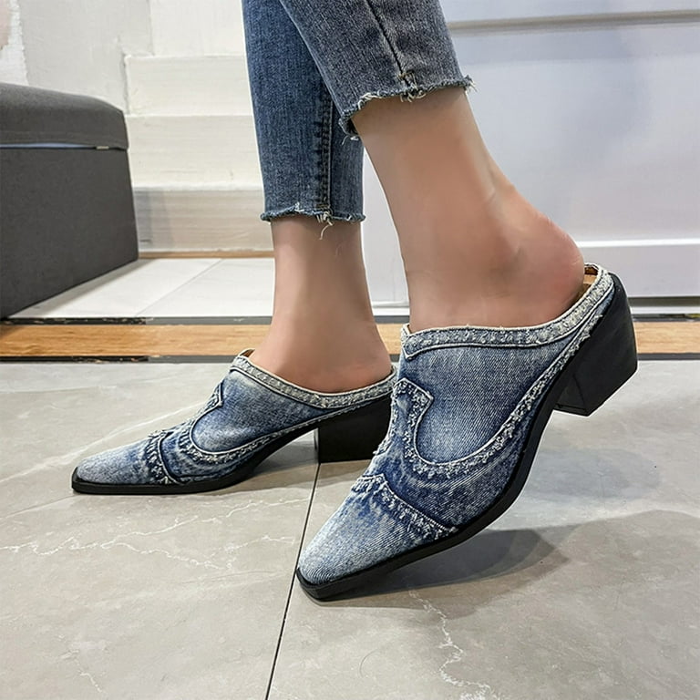 Essentials Women s Pointy Toe Mule with Block Heel Summer Denim Slippers Cowboy Shoes UK Sale Pointed Toe Slip on Chunky Heels Slide Mules for Women Walmart