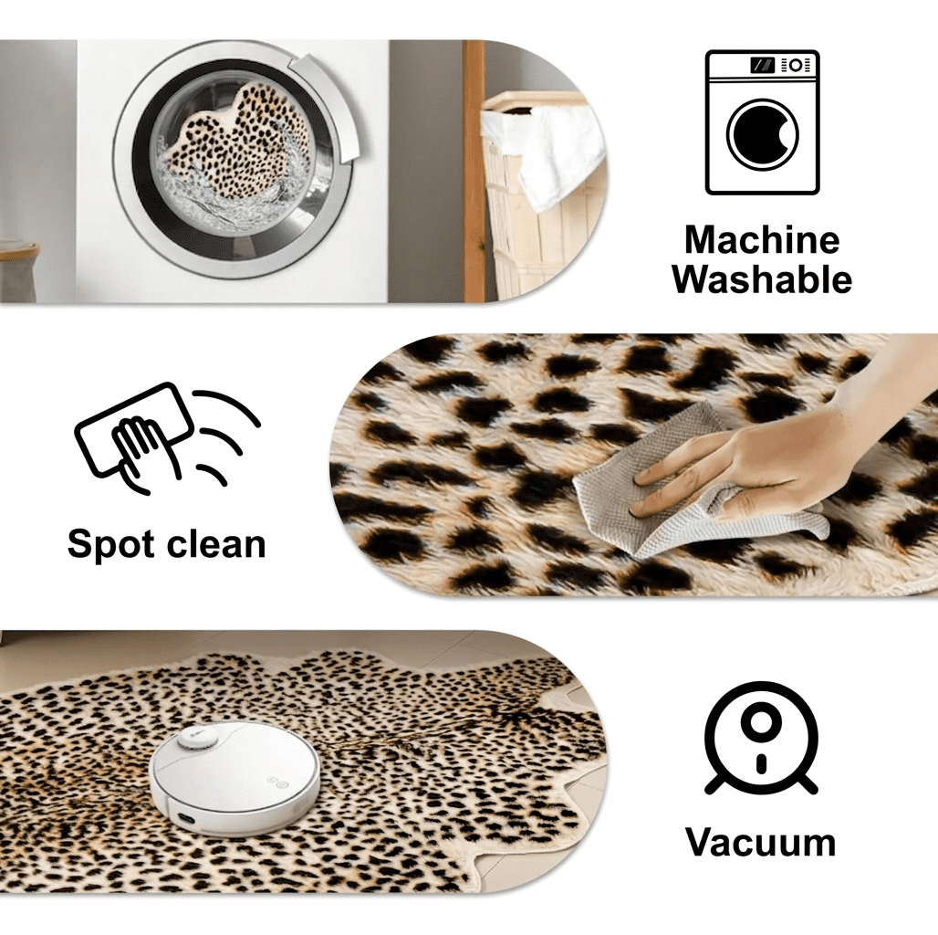 Cheetah Print Area Rug, 4' x 4.6' Faux Fur Leopard Skin Rug, Soft Shaggy Animal Print Carpet for Living Room, Bedroom, Office Decor