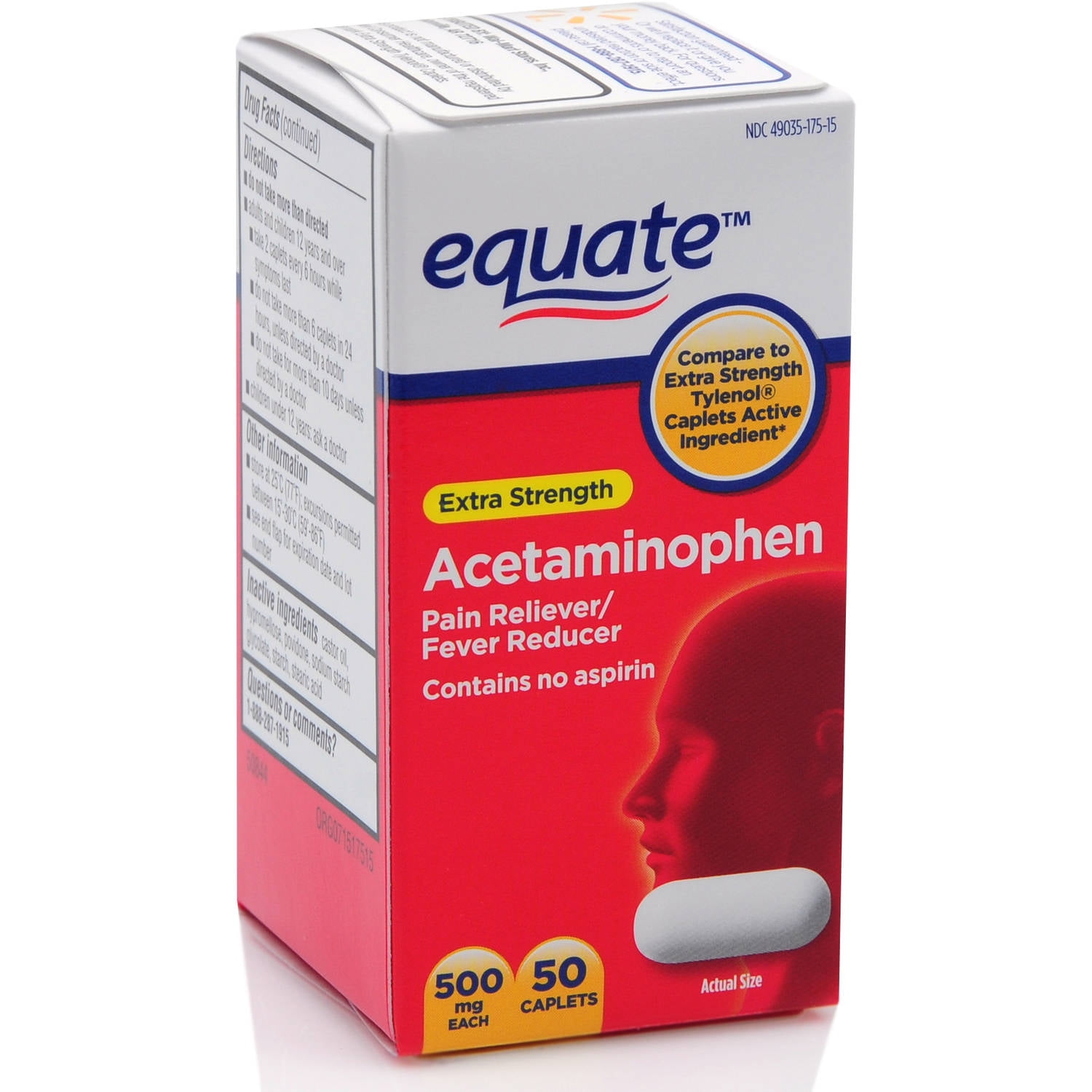 Equate Extra Strength Acetaminophen Pain and Fever Relief Caplets, 500 mg, 50 Count