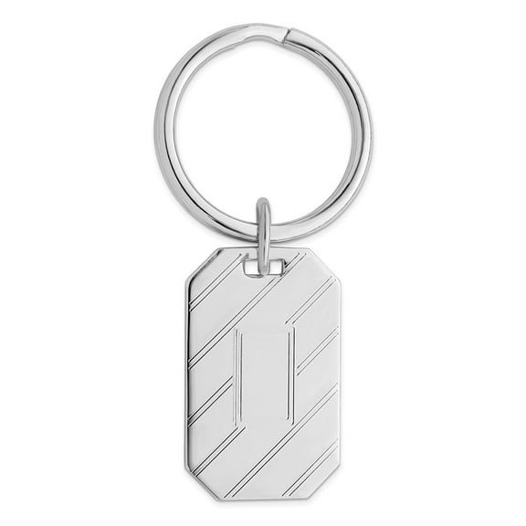Solid Polished Patterned Engravable Silver Plated and Rhodium Etched Diagonal Line Key Ring Jewelry for Men
